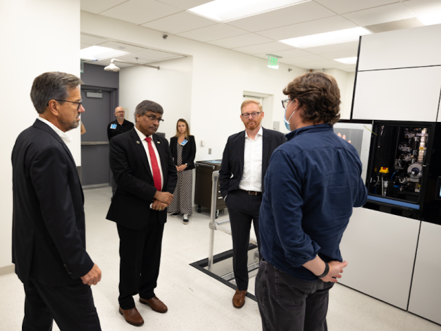 Photo of CNSI Director Jeff Miller, Dr. Panchanathan, BioPACIFIC MIP Executive Director Adam Stieg and BioPACIFIC MIP Project Scientist Matthew Mecklenburg